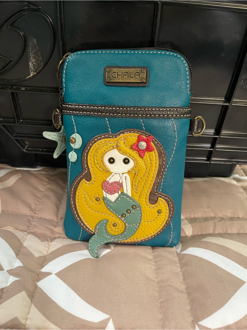 Chala Teal Faux Leather Crossbody with Colorful Mermaid Applique